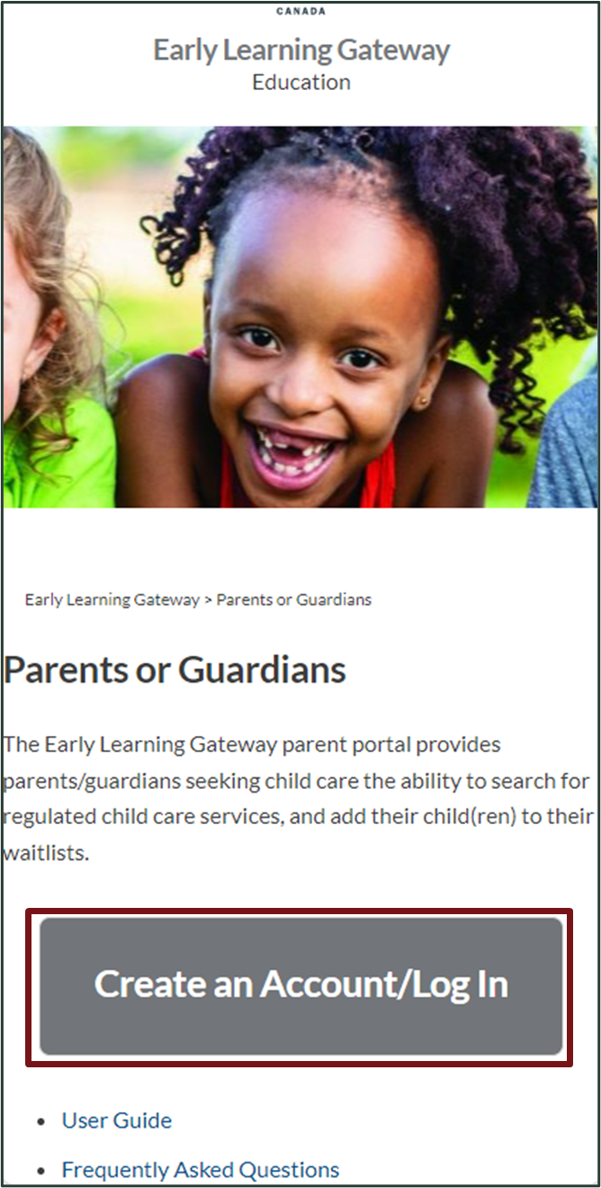Link to the "Create Account" page for Parents or Guardians