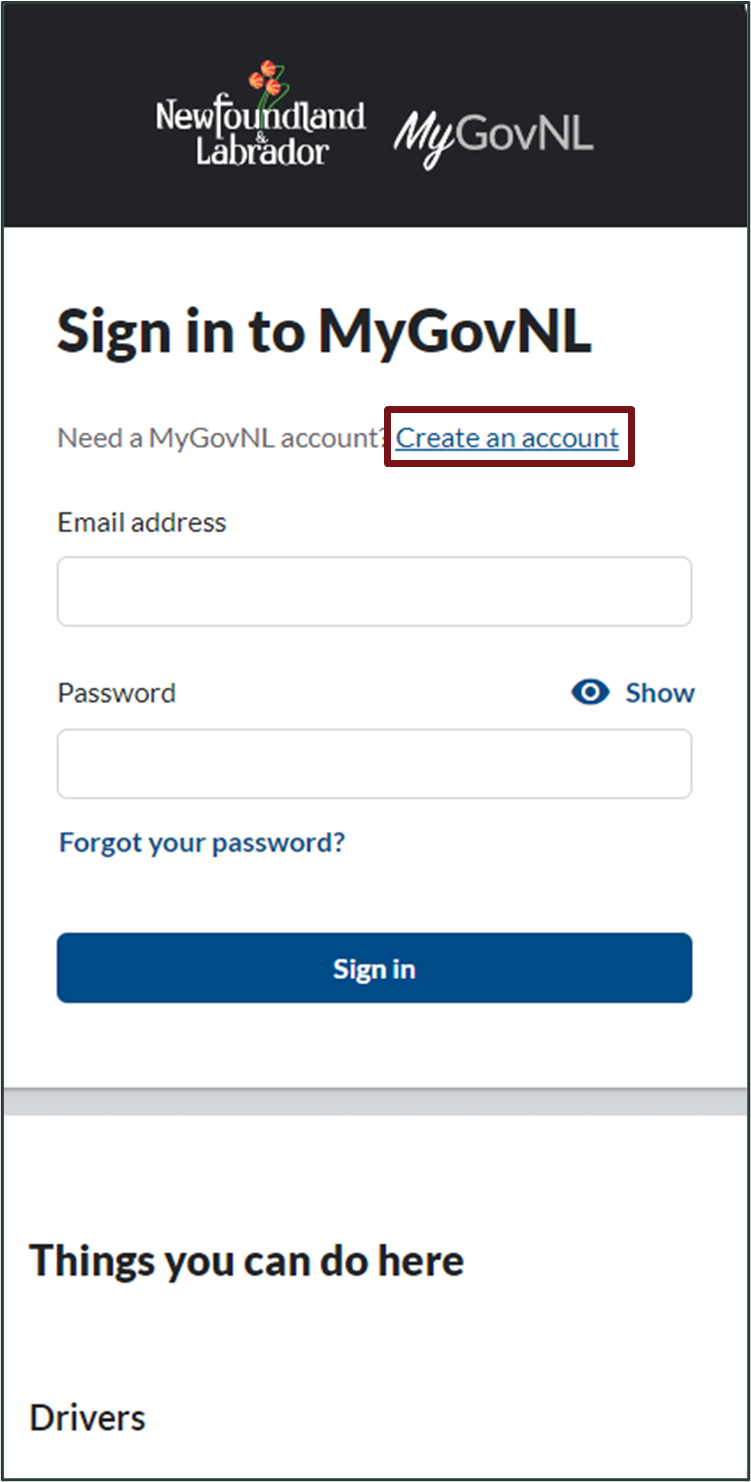 Location of 'Create an Account' on MyGov