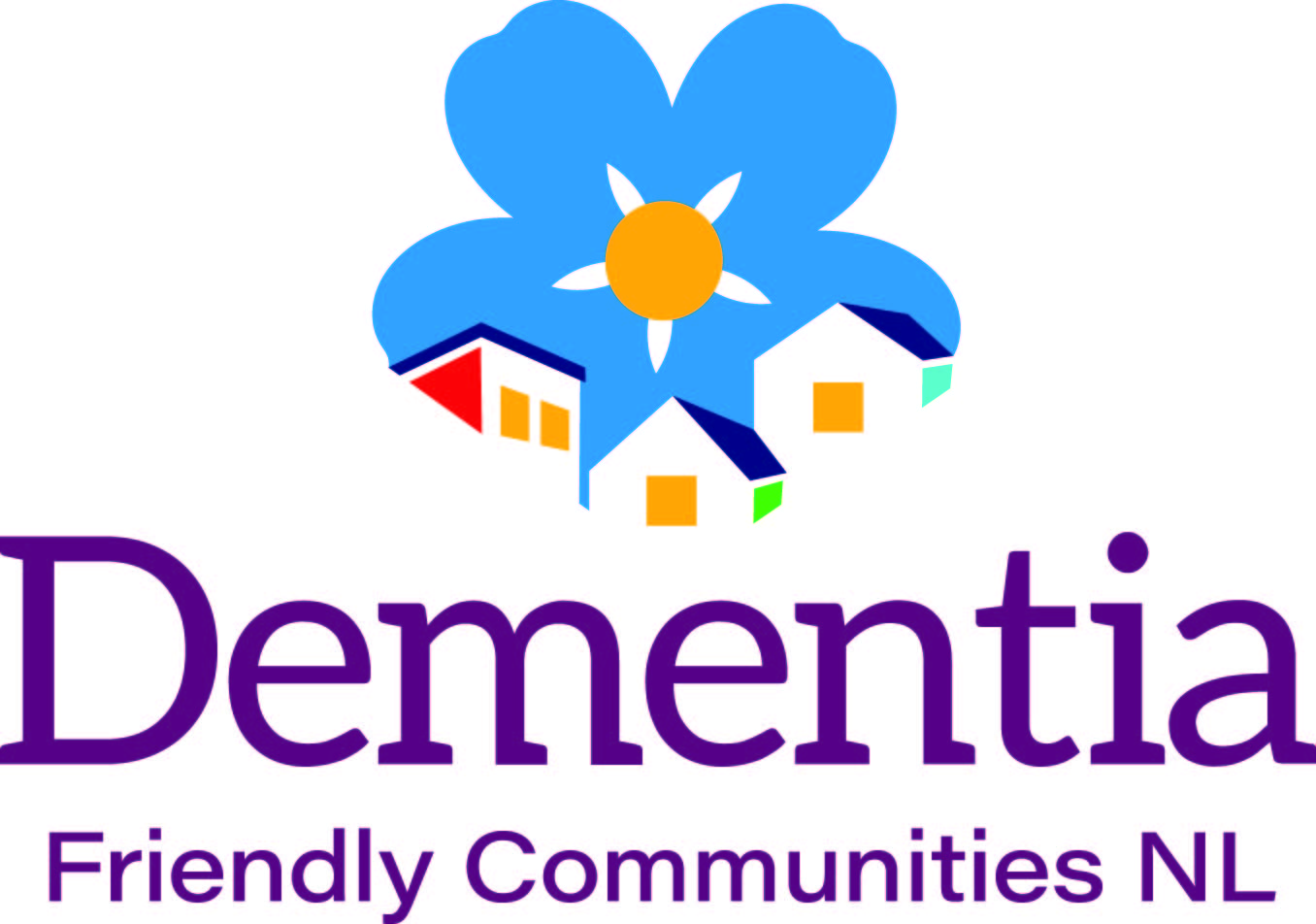 Three houses under a sun inside a blue flower above the text Dementia Friendly Communities NL