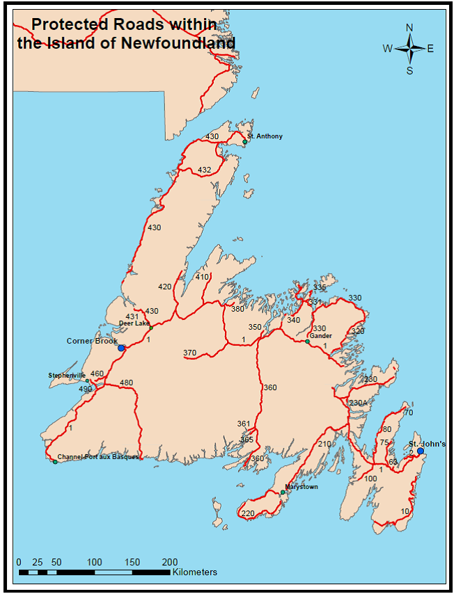 Map depicting the location and route number of the Protected Roads designated under the Urban and Rural Planning Act, 2000 for the island region of the Province of Newfoundland and Labrador. 