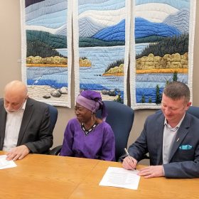 The Honourable Al Hawkins, Minister of Advanced Education, Skills and Labour, and the Honourable Dale Kirby, Minister of Education and Early Childhood Development, join Dr. Lloydetta Quaicoe, founder of Sharing Our Cultures, to proclaim March 21 the International Day for the Elimination of Racial Discrimination in Newfoundland and Labrador.