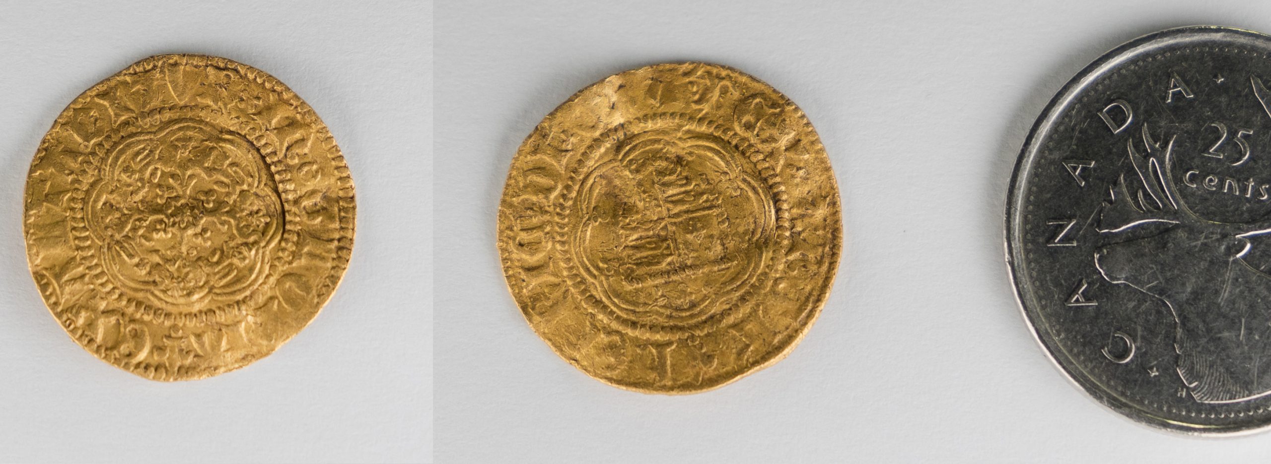 Both sides of the coin. A Henry VI quarter noble, minted in London between 1422 and 1427.