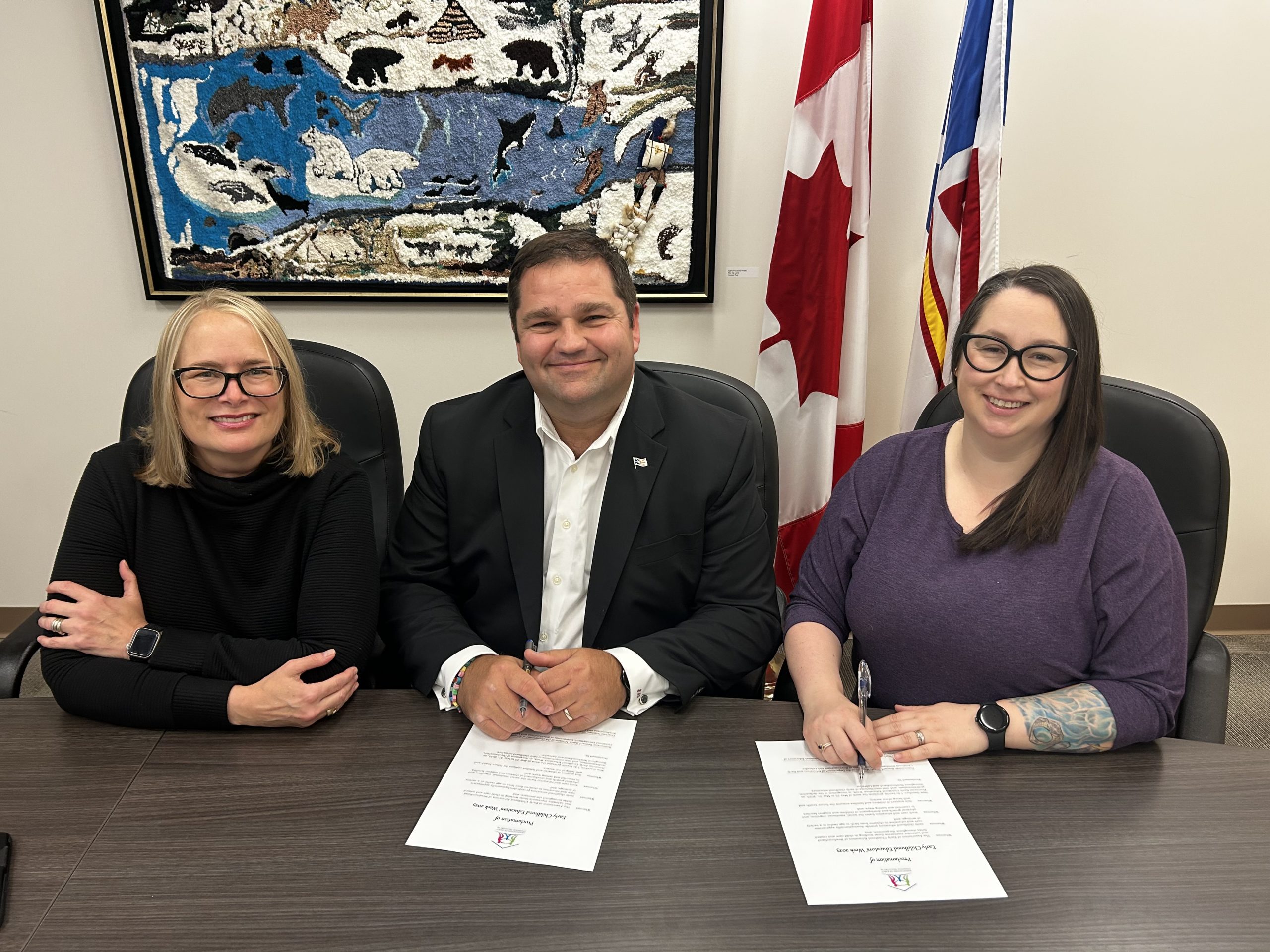 Minister is with (left) Skye Taylor (exec. Dir.) and Charlotte Bonia of Association of Early Childhood Educators Newfoundland and Labrador (AECENL)