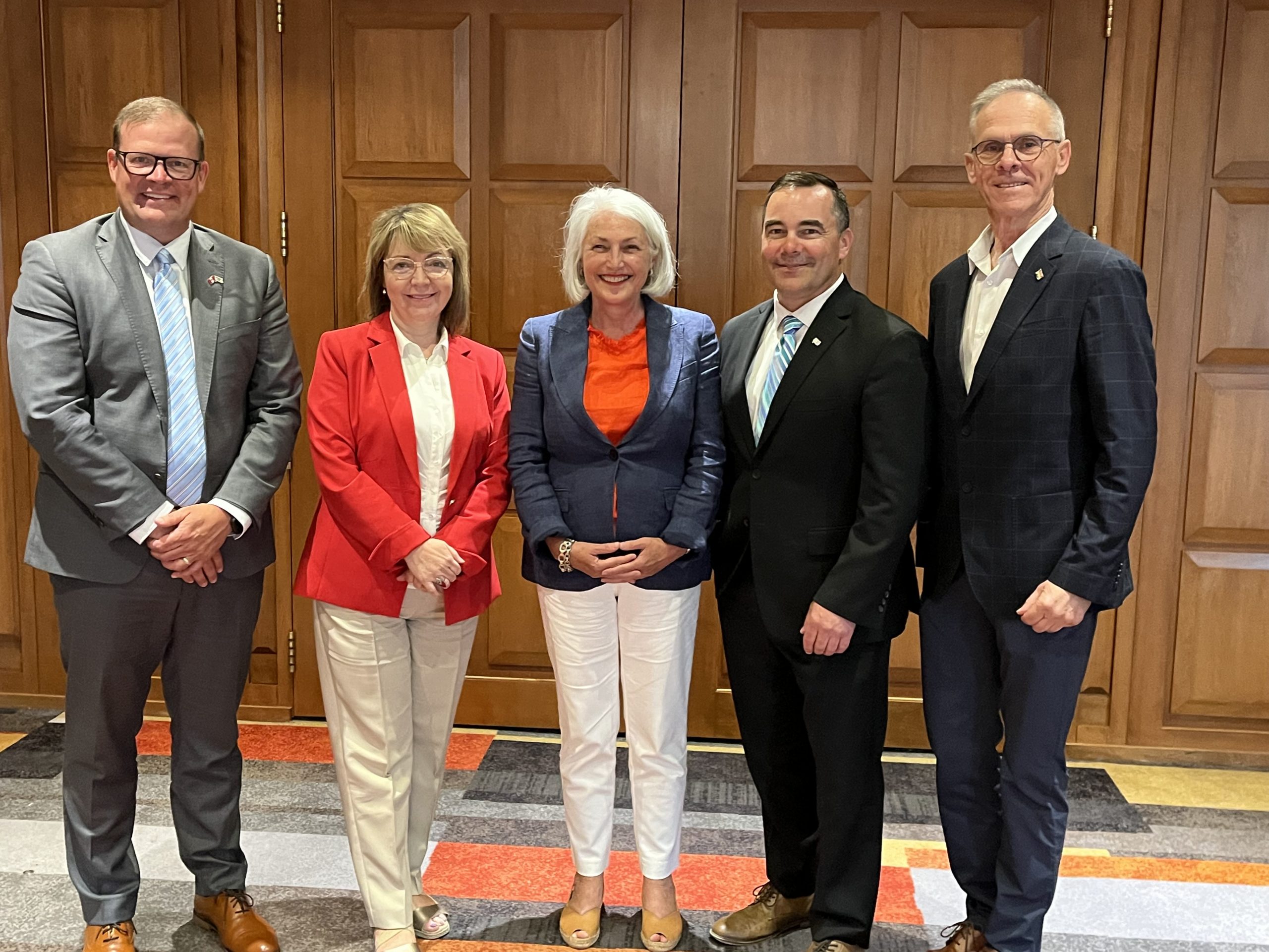 Eastern fisheries and aquaculture ministers met in Moncton this week to discuss shared issues and solutions. Ministers attending in person, from left: Hon. Zack Bell, Minister of Fisheries, Tourism, Sport and Culture, Prince Edward Island; Hon. Lisa Dempster, Minister of Fisheries, Forestry and Agriculture, Newfoundland and Labrador; Hon. Joanne Thompson, Minister of Fisheries and Oceans; Hon. Kent Smith, Minister of Fisheries and Aquaculture, Nova Scotia; and Hon. Pat Finnigan, Minister of Agriculture, Aquaculture and Fisheries, New Brunswick.
