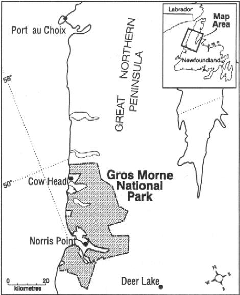 Figure 1. Port au Choix Peninsula and Gros Morne National Park, northwestern Newfoundland.
