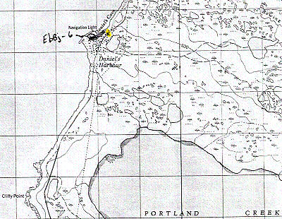 Figure 1. 1:50,000 Scale Topographical Map of Daniel's Harbour area. X marks approximate location of proposed whale watching site. Dark line represents Thomson's 1987 survey area. 